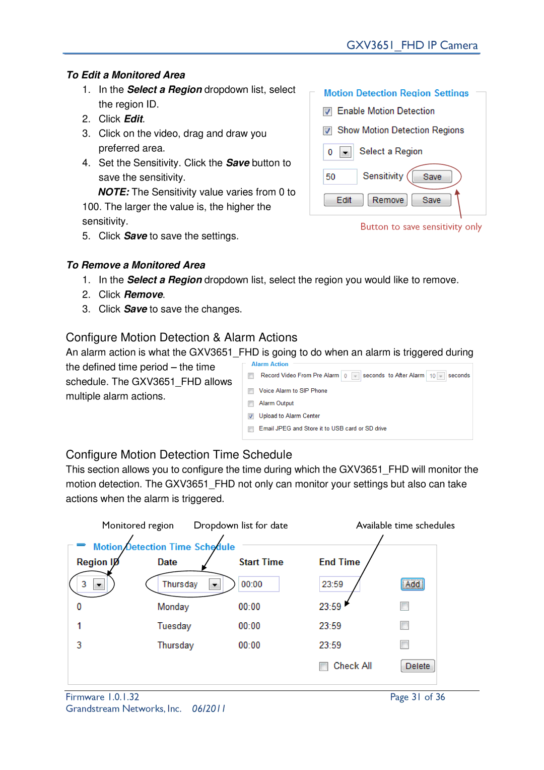 Grandstream Networks GXV3651_FHD user manual To Edit a Monitored Area, To Remove a Monitored Area 