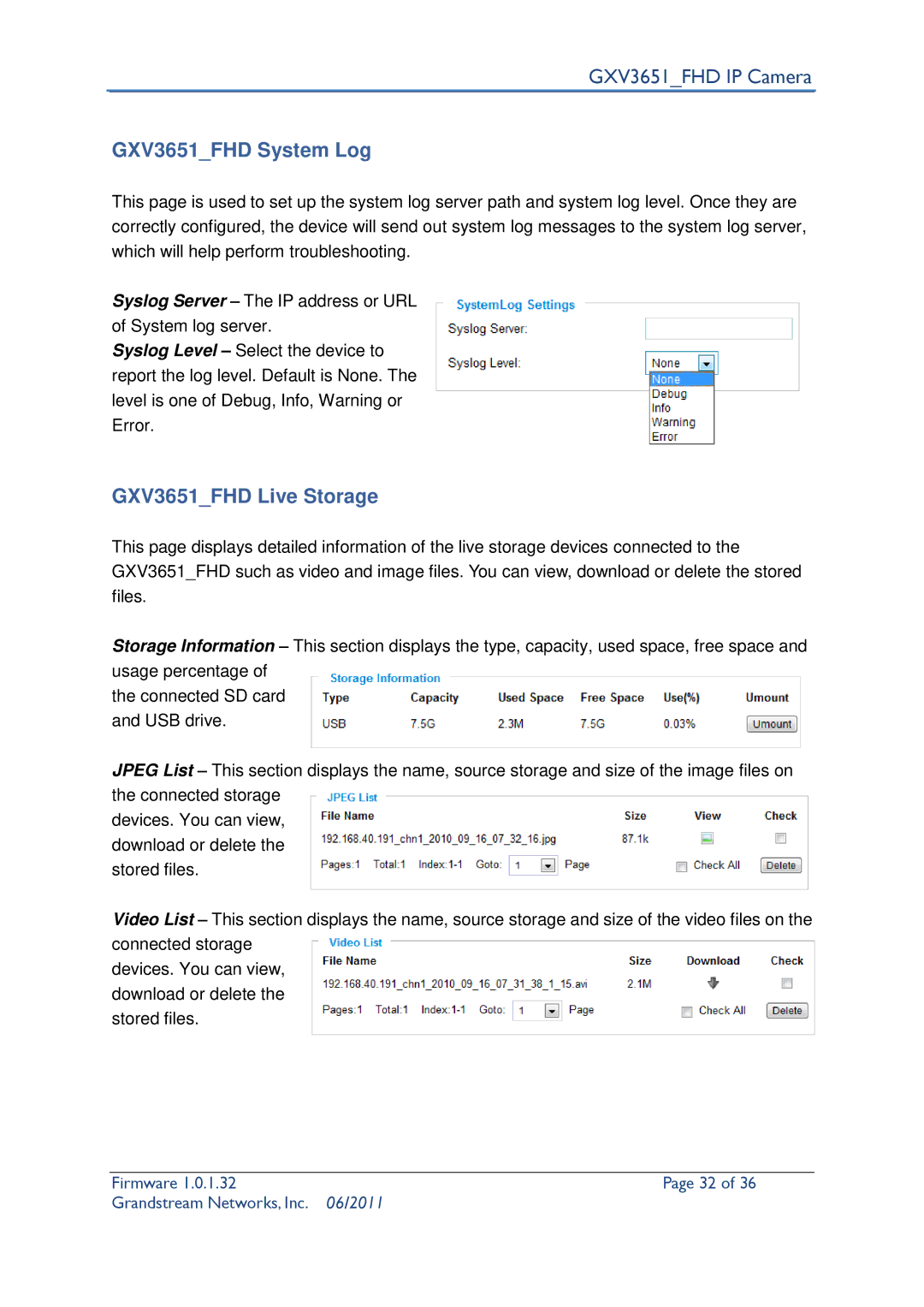 Grandstream Networks GXV3651_FHD user manual GXV3651FHD System Log, GXV3651FHD Live Storage 