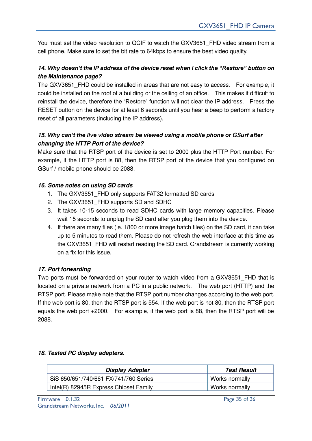 Grandstream Networks GXV3651_FHD user manual Some notes on using SD cards, Port forwarding 