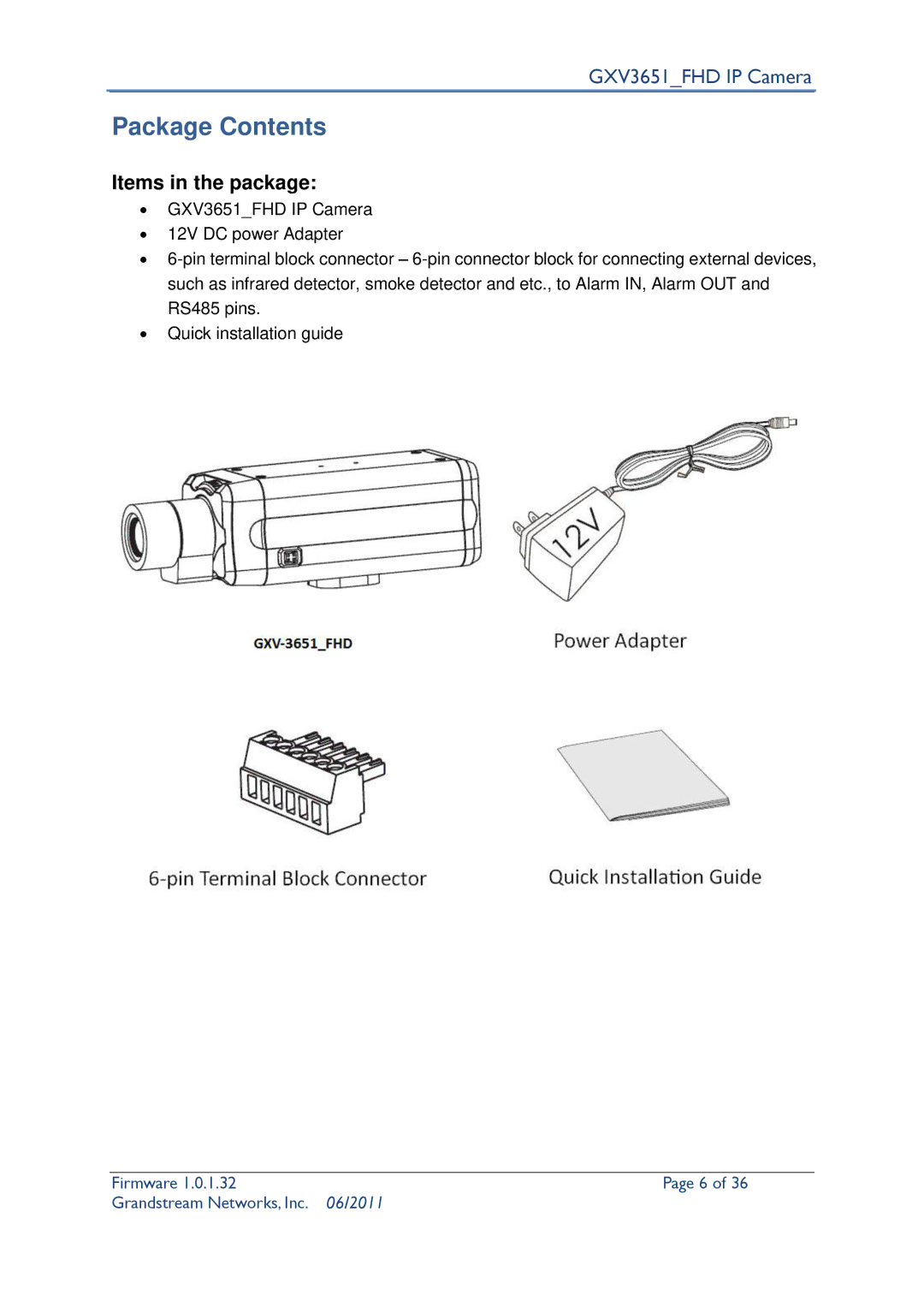 Grandstream Networks GXV3651_FHD user manual Package Contents 