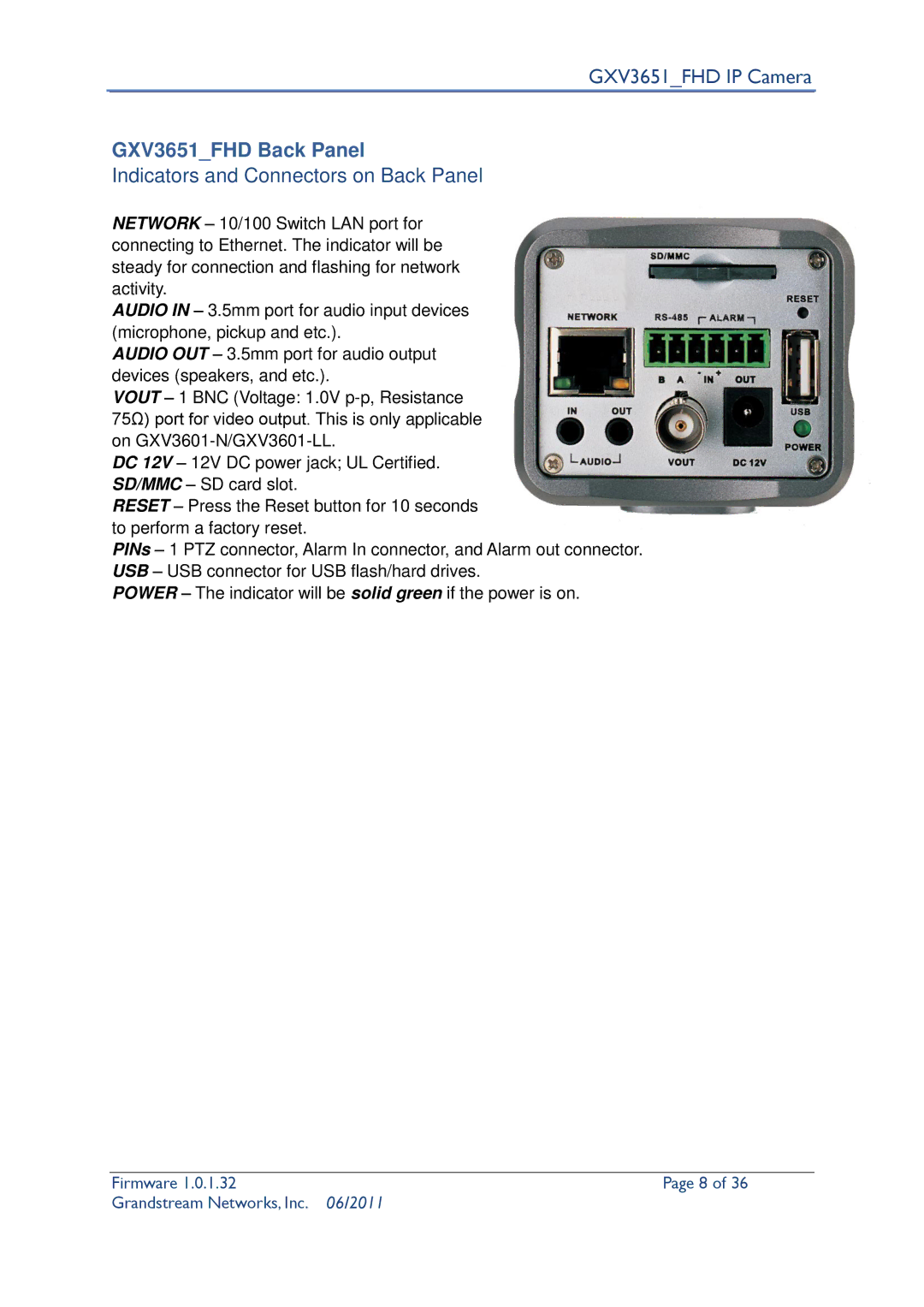 Grandstream Networks GXV3651_FHD user manual GXV3651FHD Back Panel, Indicators and Connectors on Back Panel 