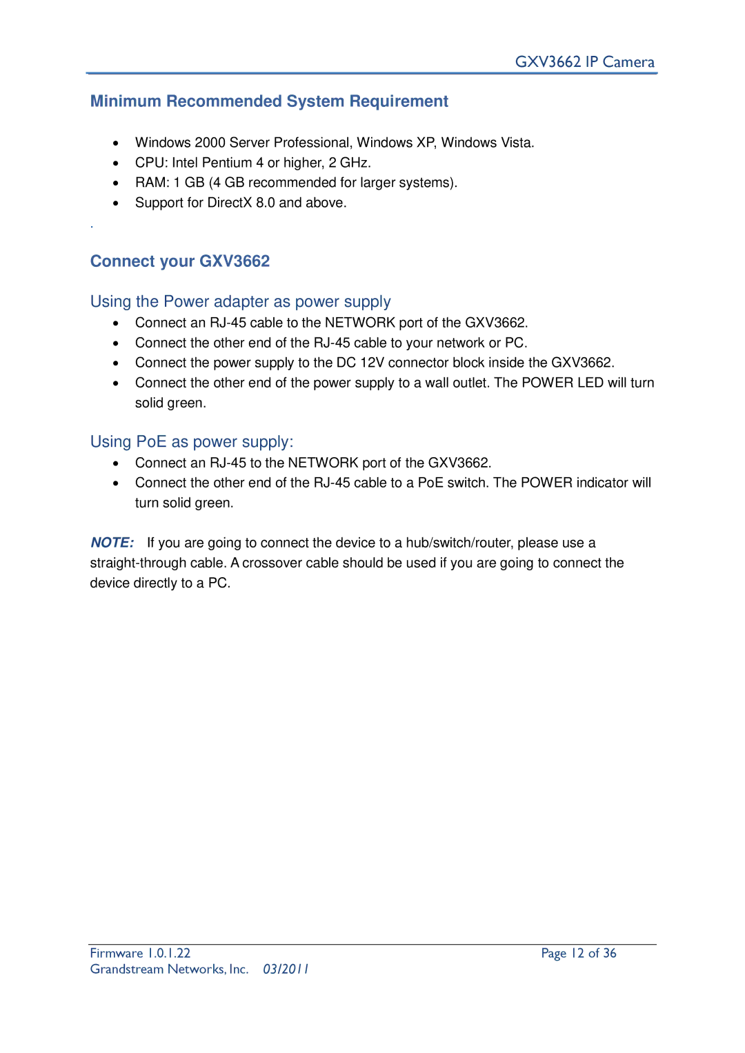 Grandstream Networks user manual Minimum Recommended System Requirement, Connect your GXV3662, Using PoE as power supply 