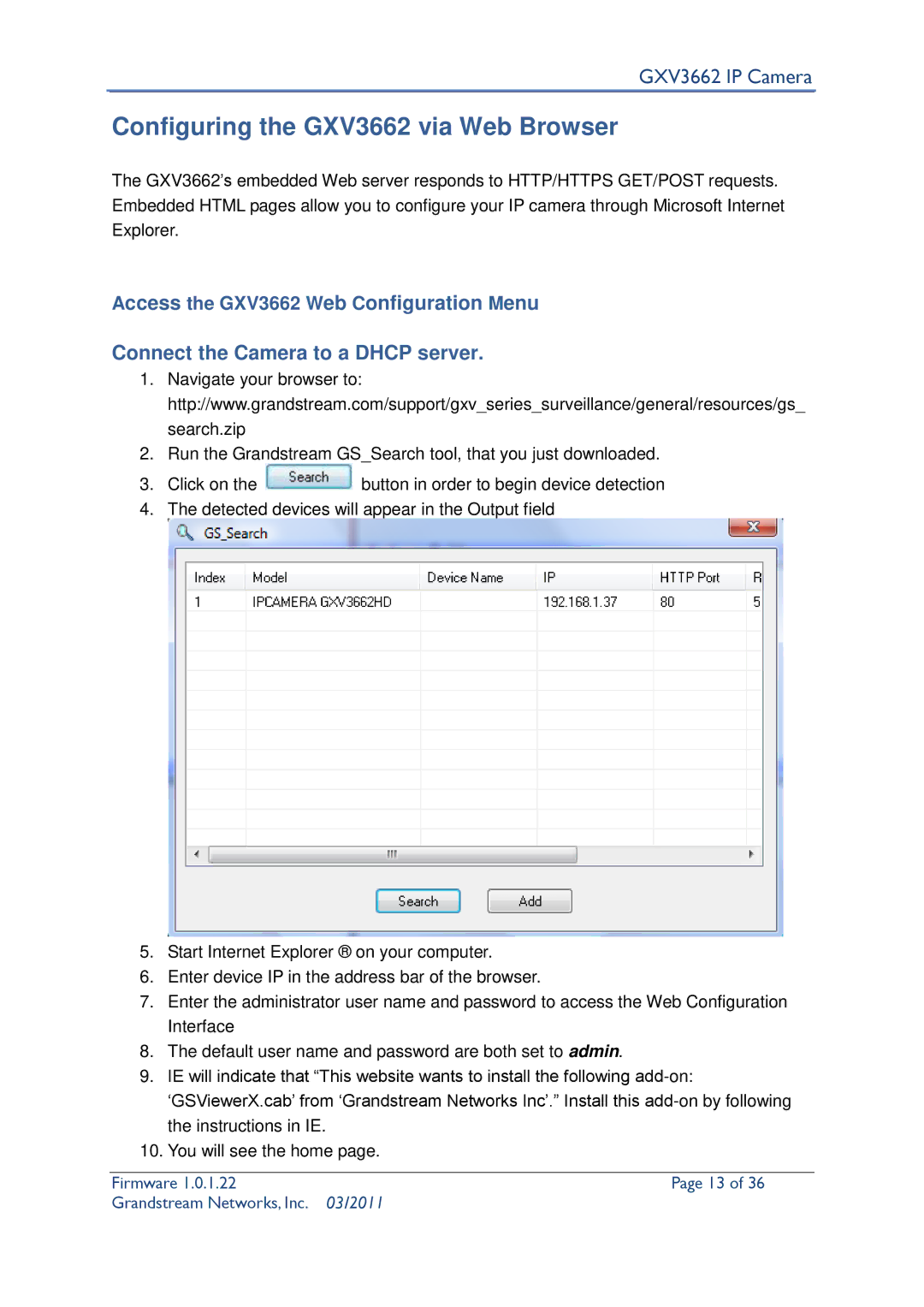 Grandstream Networks user manual Configuring the GXV3662 via Web Browser 