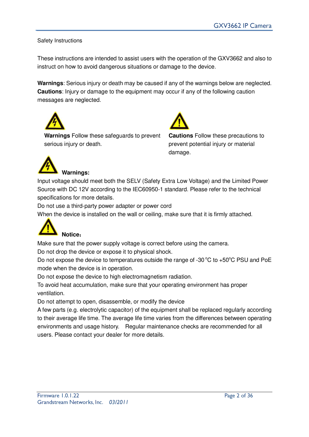 Grandstream Networks user manual GXV3662 IP Camera 