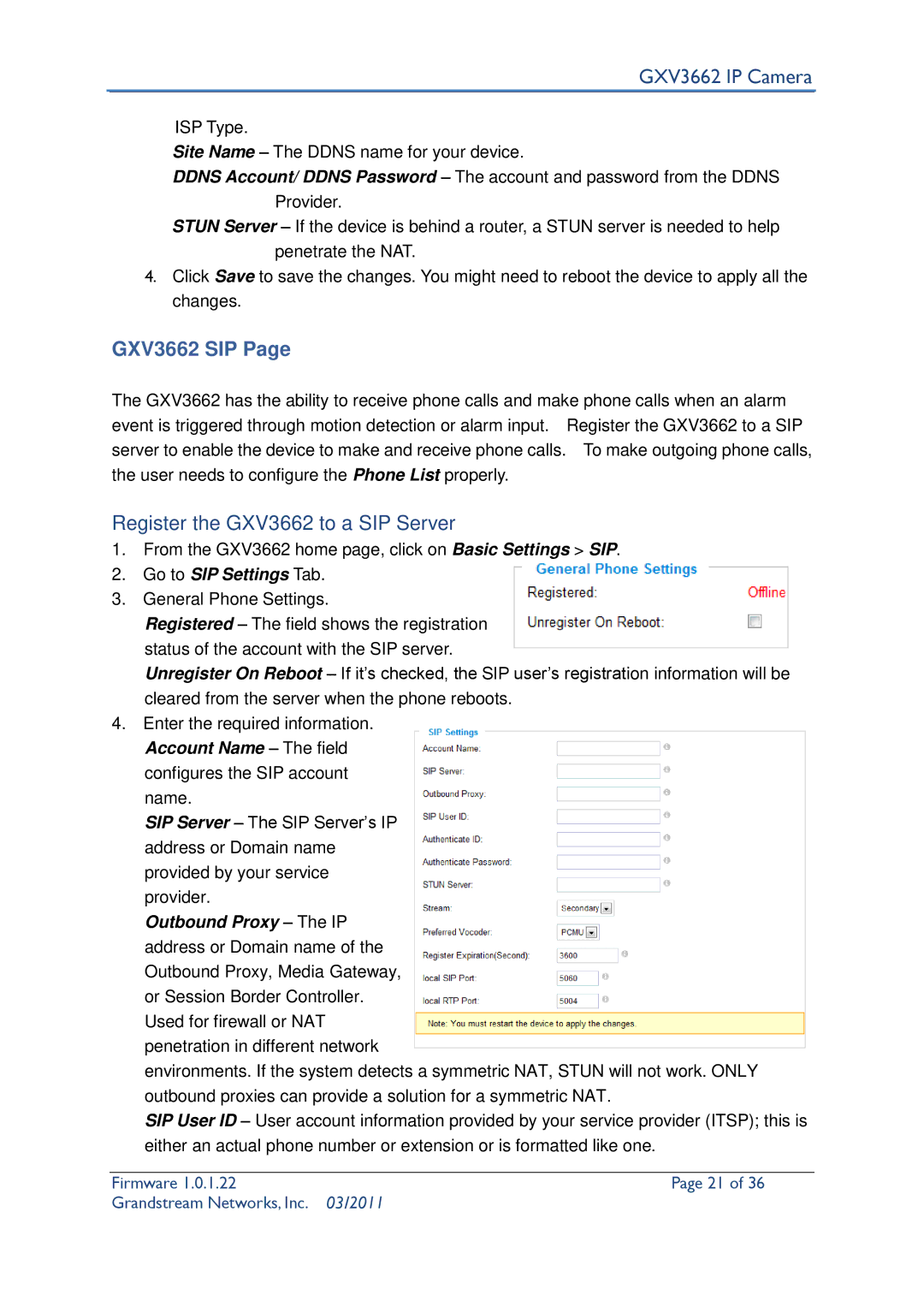 Grandstream Networks user manual GXV3662 SIP, Register the GXV3662 to a SIP Server, Go to SIP Settings Tab 