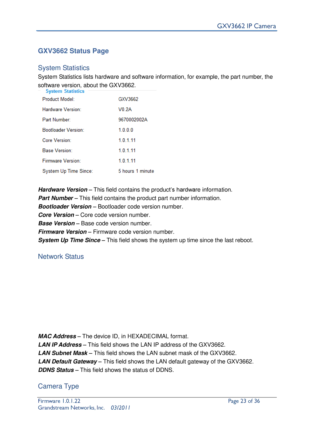 Grandstream Networks user manual GXV3662 Status, System Statistics, Network Status, Camera Type 