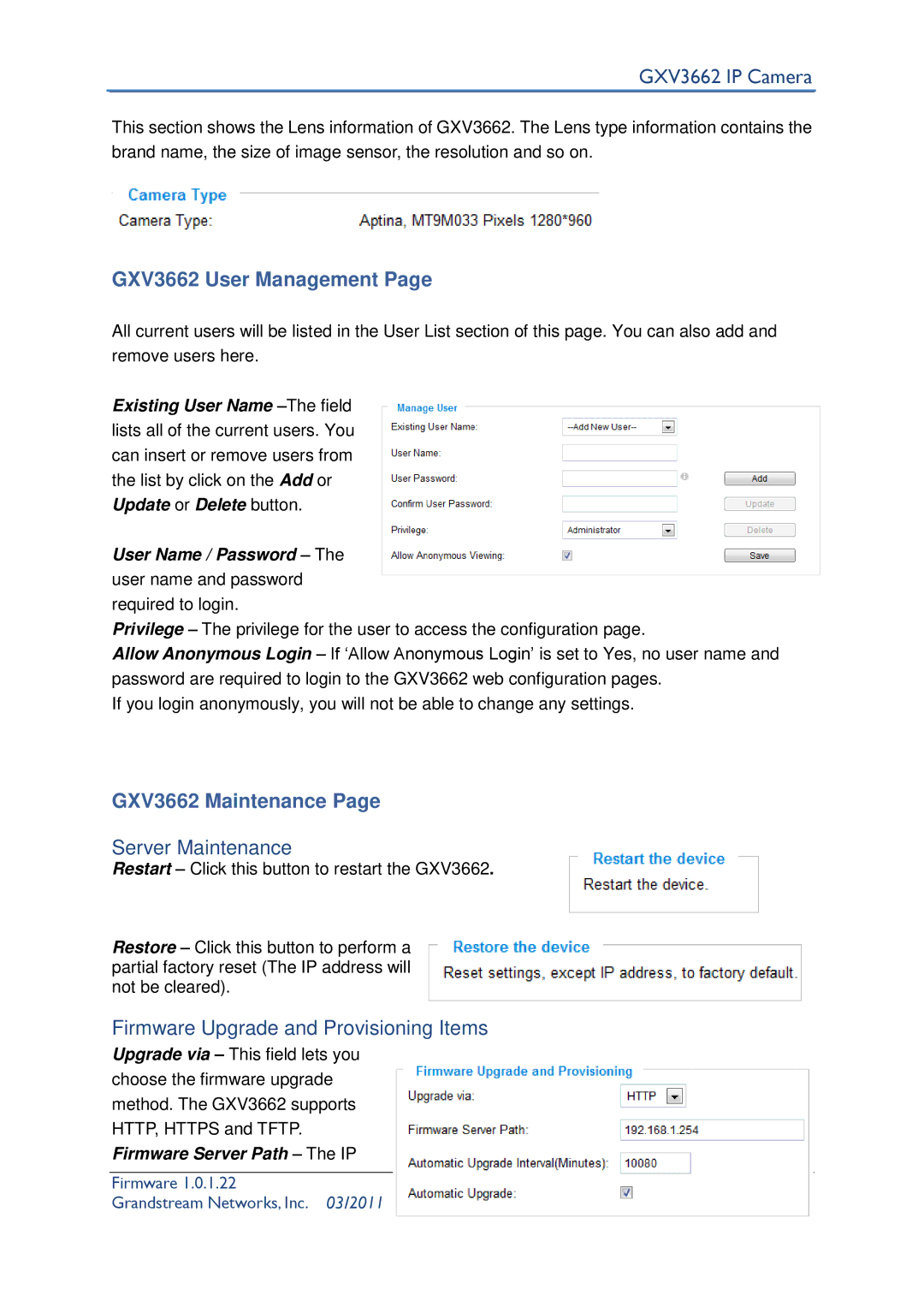 Grandstream Networks GXV3662 User Management, GXV3662 Maintenance, Server Maintenance, Firmware Server Path The IP 