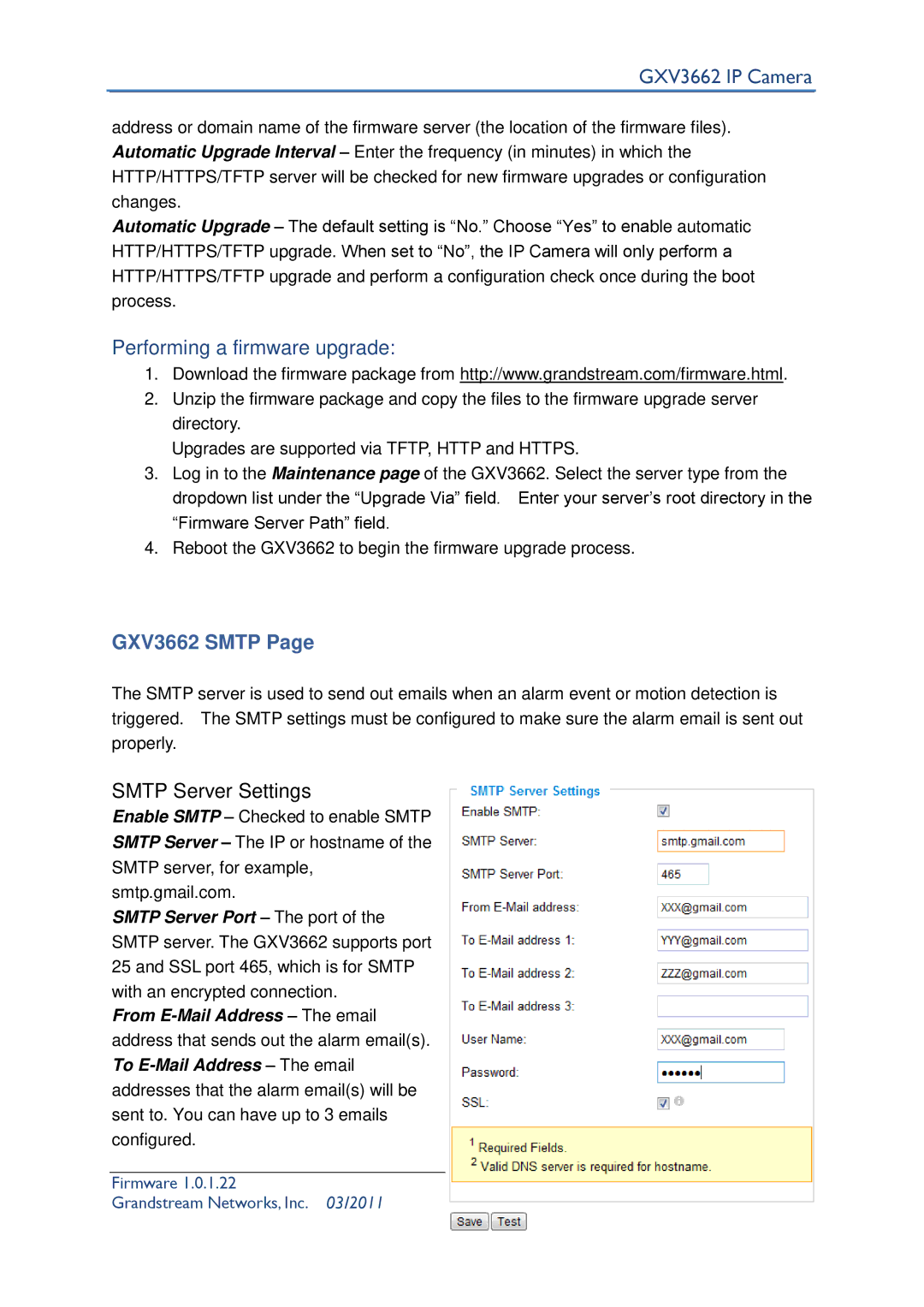 Grandstream Networks user manual Performing a firmware upgrade, GXV3662 Smtp 