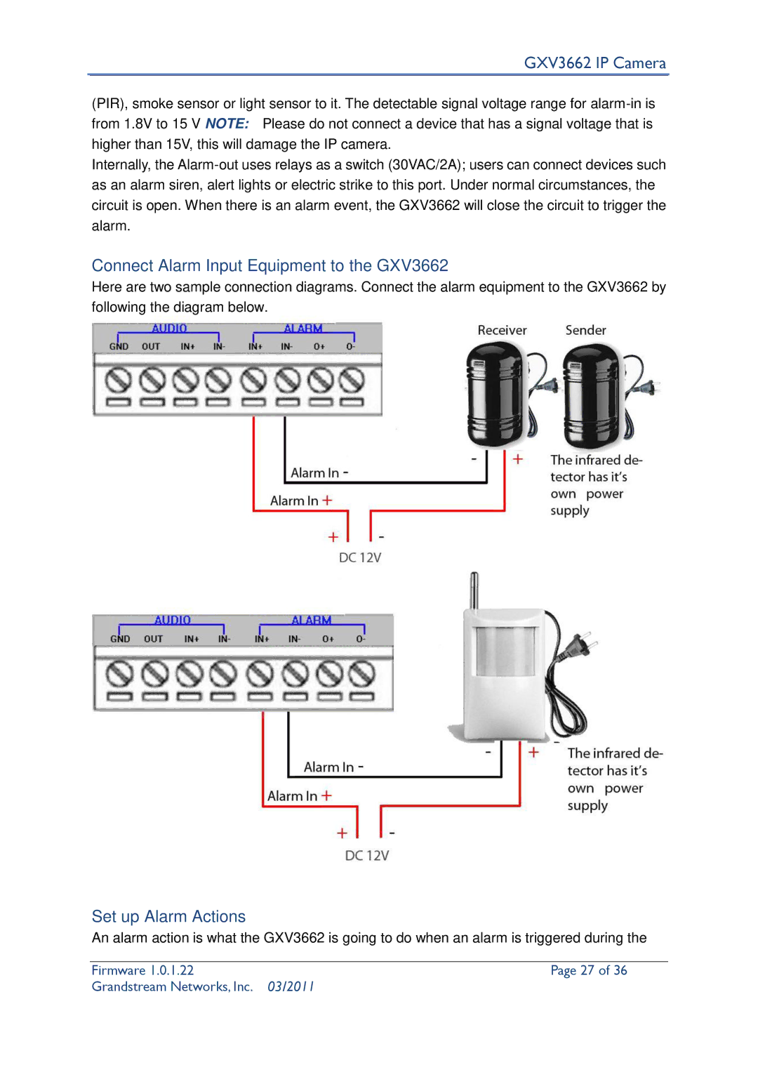 Grandstream Networks user manual Connect Alarm Input Equipment to the GXV3662, Set up Alarm Actions 