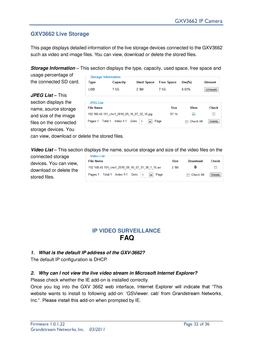 Grandstream Networks user manual Faq, GXV3662 Live Storage 