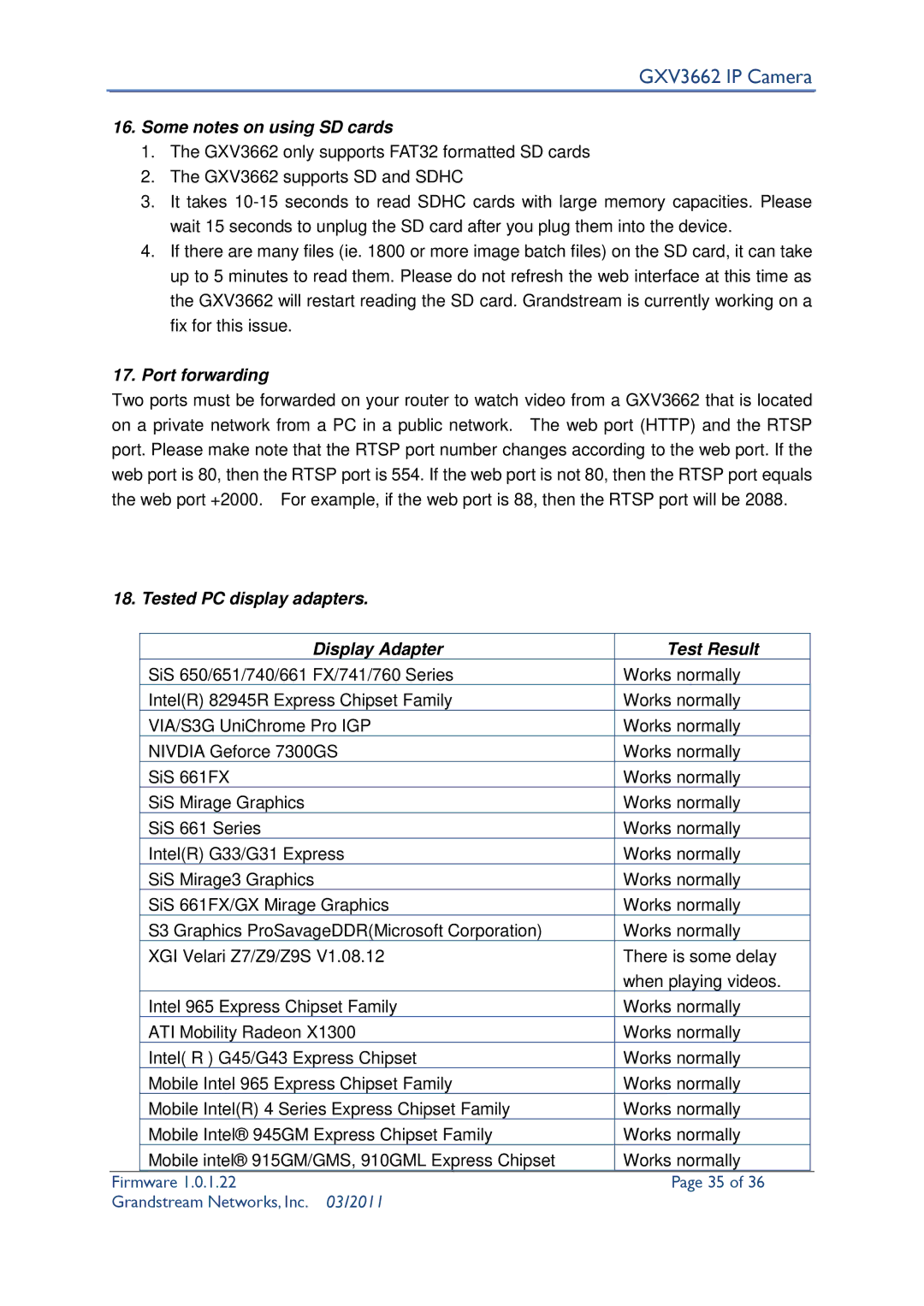 Grandstream Networks GXV3662 user manual Some notes on using SD cards, Port forwarding 