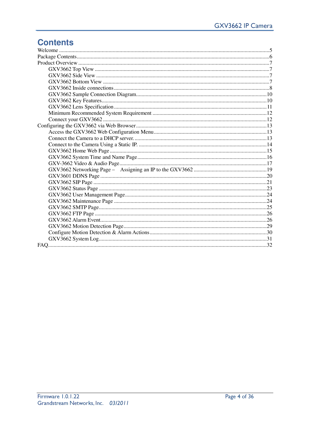 Grandstream Networks GXV3662 user manual Contents 