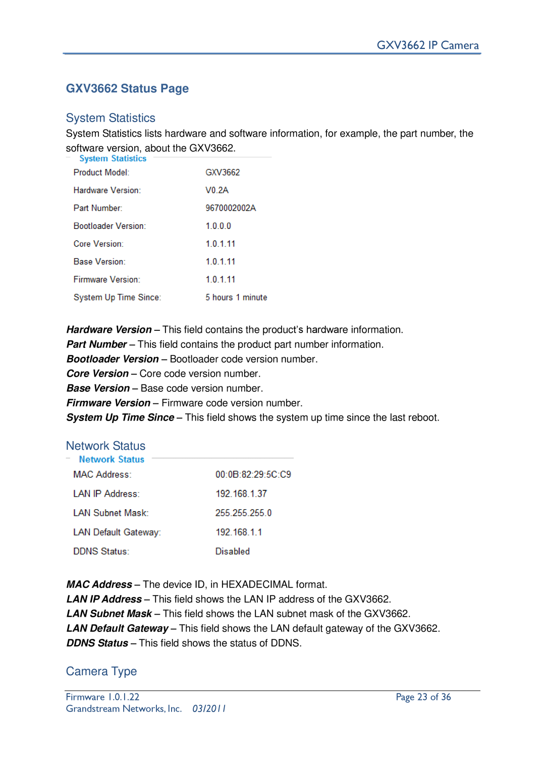 Grandstream Networks GXV3662 Status Page, System Statistics, Network Status, Camera Type, Page 23 of, GXV3662 IP Camera 