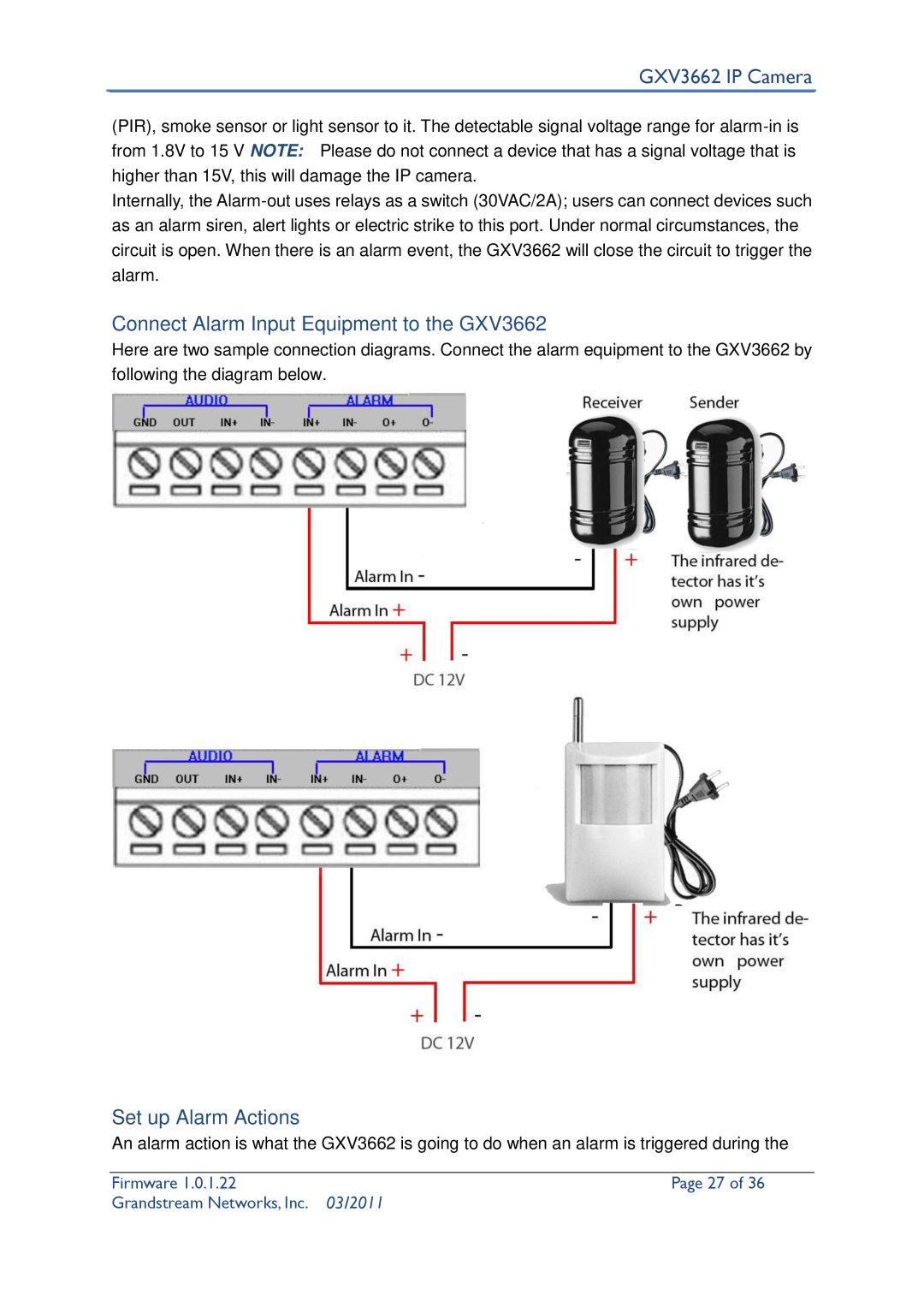 Grandstream Networks Connect Alarm Input Equipment to the GXV3662, Set up Alarm Actions, Page 27 of, GXV3662 IP Camera 