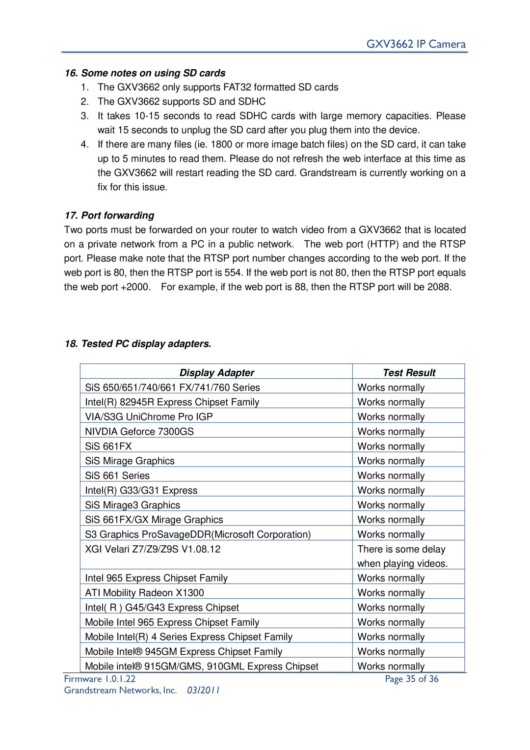 Grandstream Networks Page 35 of, GXV3662 IP Camera, Some notes on using SD cards, Port forwarding, Display Adapter 