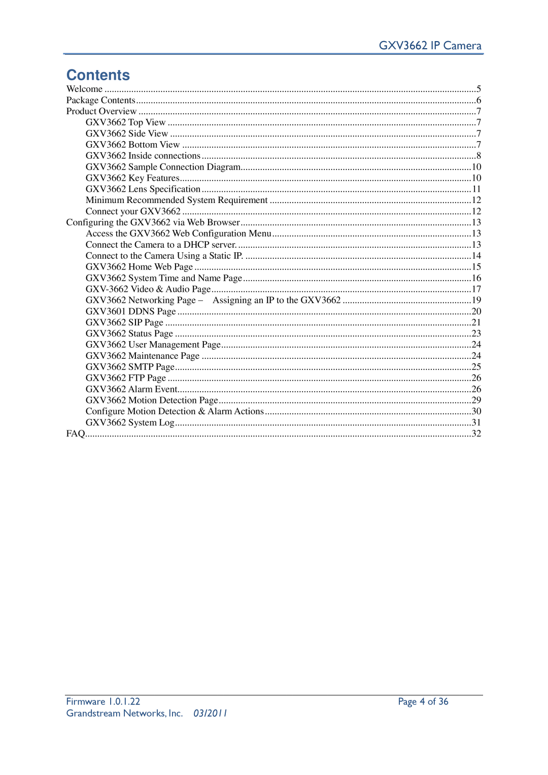 Grandstream Networks user manual Contents, Page 4 of, GXV3662 IP Camera, Firmware, Grandstream Networks, Inc, 03/2011 