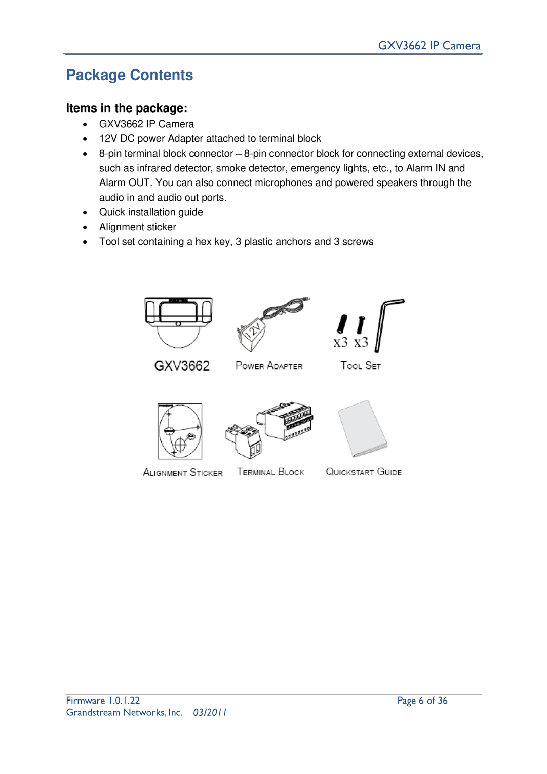 Grandstream Networks user manual Package Contents, Page 6 of, GXV3662 IP Camera, Items in the package, Firmware, 03/2011 