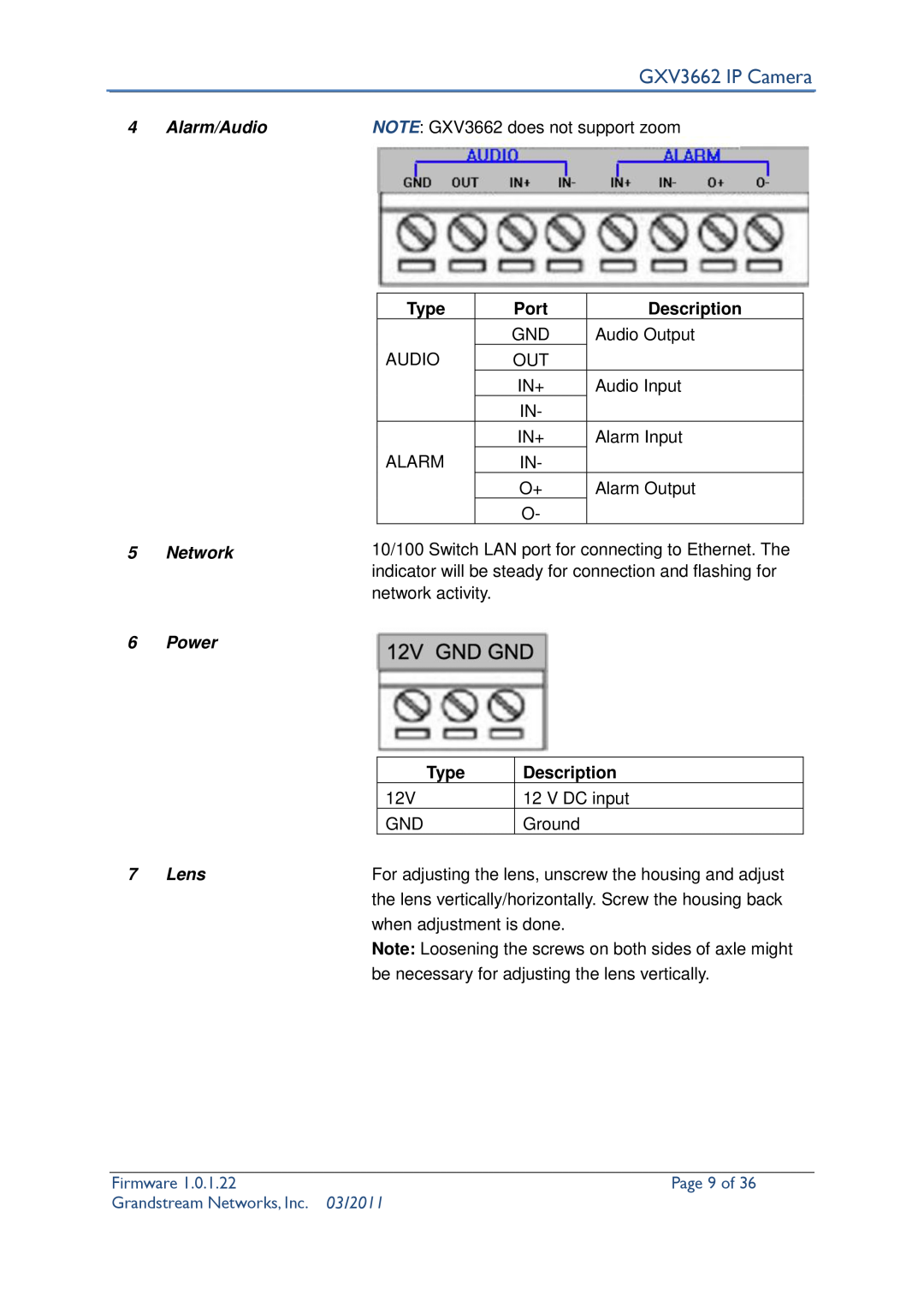 Grandstream Networks user manual Page 9 of, GXV3662 IP Camera, Firmware, Grandstream Networks, Inc, 03/2011 