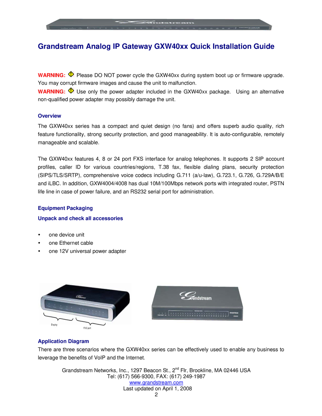 Grandstream Networks GXW 4004/8 manual Overview, Equipment Packaging Unpack and check all accessories, Application Diagram 