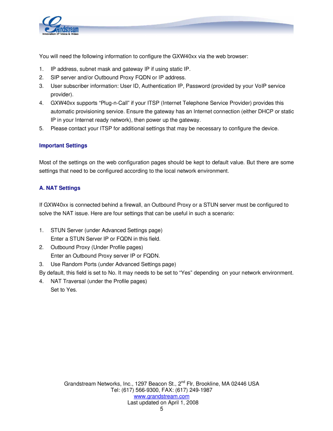 Grandstream Networks GXW 4024, GXW 4004/8 manual Important Settings, NAT Settings 