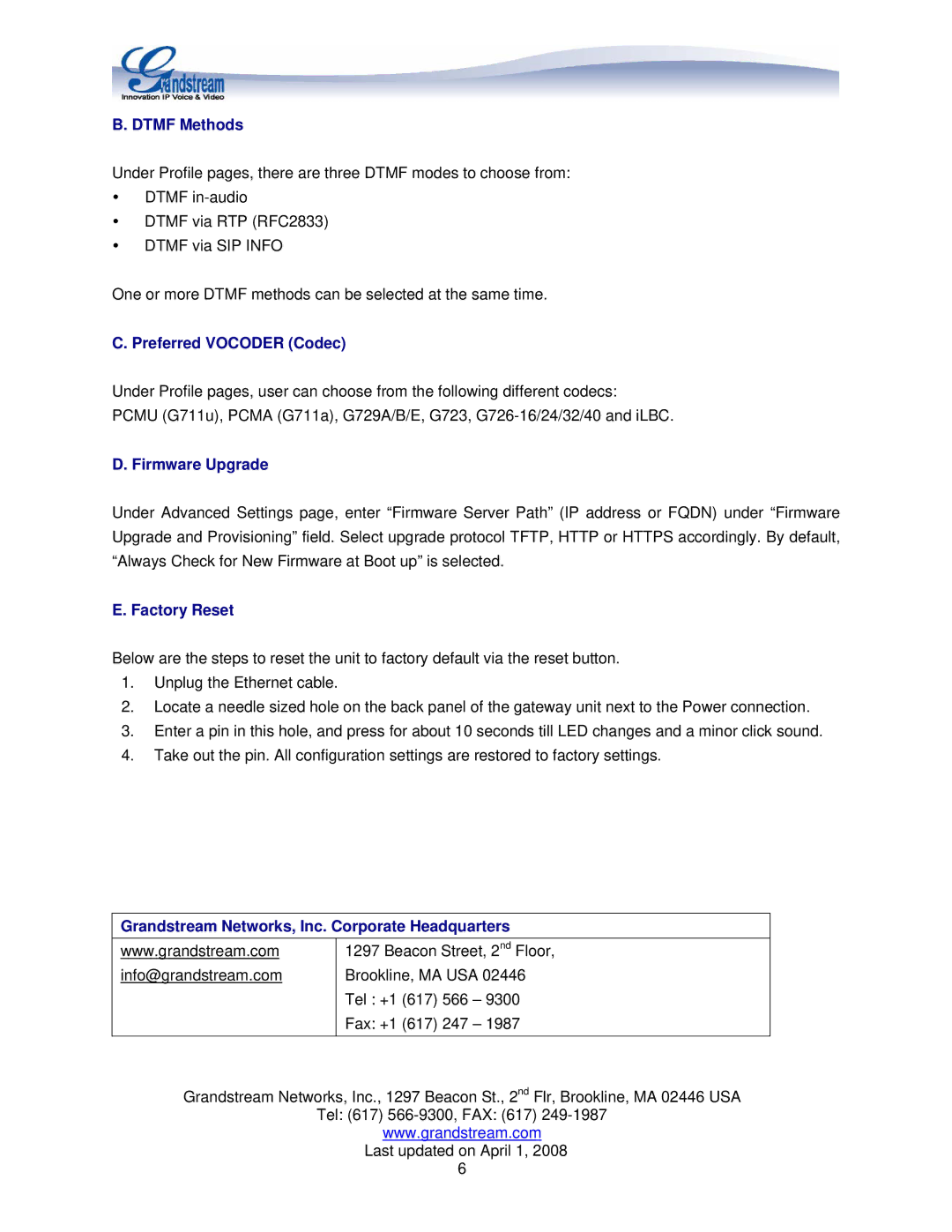 Grandstream Networks GXW 4004/8, GXW 4024 manual Dtmf Methods, Preferred Vocoder Codec, Firmware Upgrade, Factory Reset 