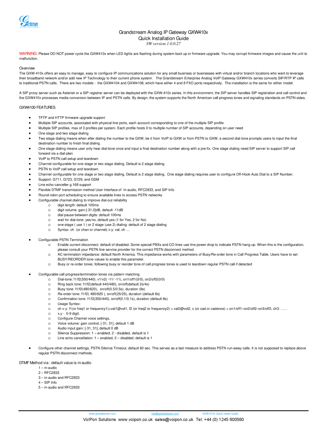 Grandstream Networks GXW4108, GXW4104 manual Overview, Dtmf Method via default value is in-audio 