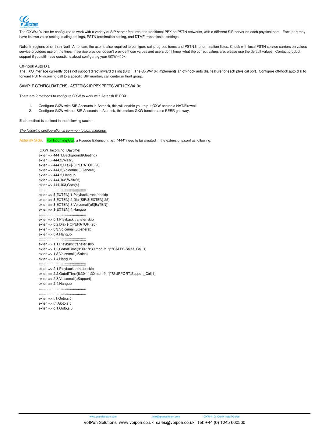 Grandstream Networks GXW4104, GXW4108 manual Off-hook Auto Dial, Sample Configurations Asterisk IP PBX Peers with GXW410x 