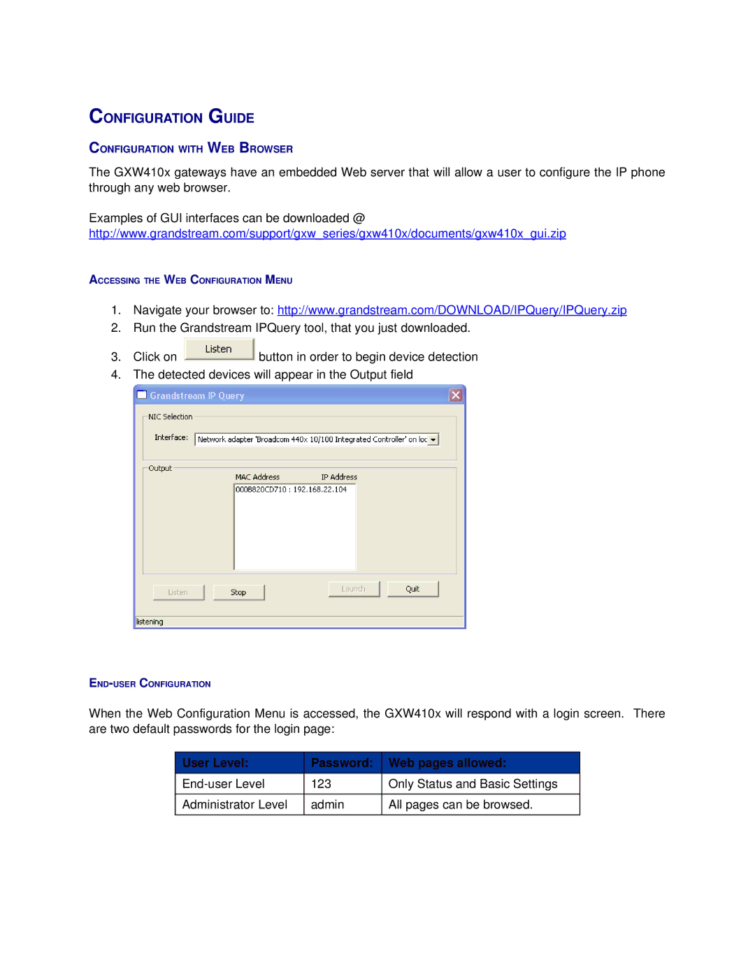 Grandstream Networks GXW410X user manual Configuration Guide, User Level Password Web pages allowed 