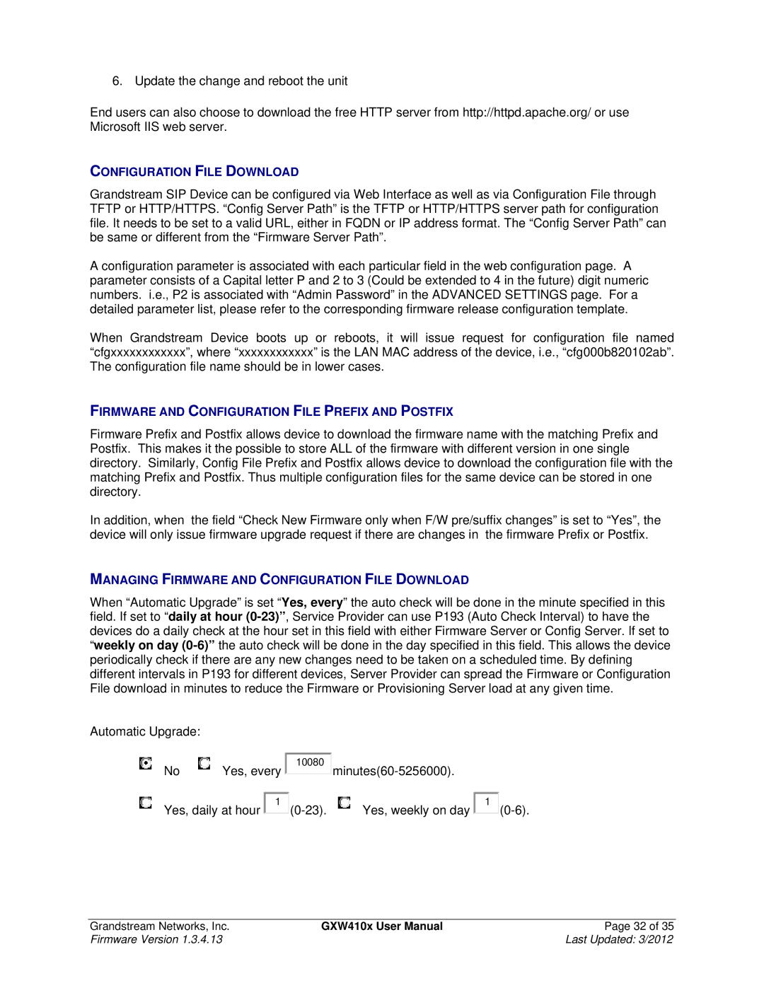 Grandstream Networks GXW410X user manual Configuration File Download, Firmware and Configuration File Prefix and Postfix 