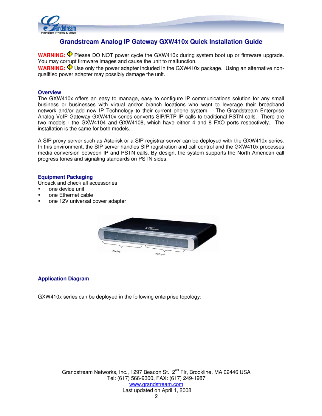 Grandstream Networks GXW410X manual Overview, Equipment Packaging, Application Diagram 