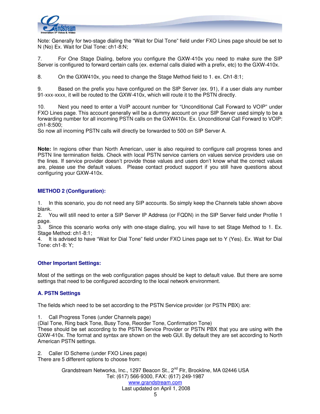 Grandstream Networks GXW410X manual Method 2 Configuration, Other Important Settings, Pstn Settings 