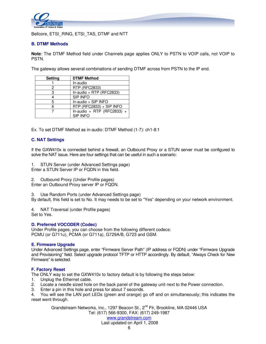 Grandstream Networks GXW410X manual Dtmf Methods, NAT Settings, Preferred Vocoder Codec, Firmware Upgrade, Factory Reset 