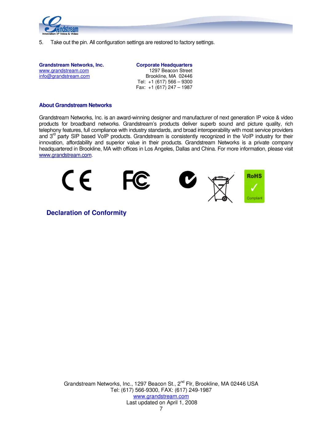 Grandstream Networks GXW410X manual Declaration of Conformity, About Grandstream Networks 