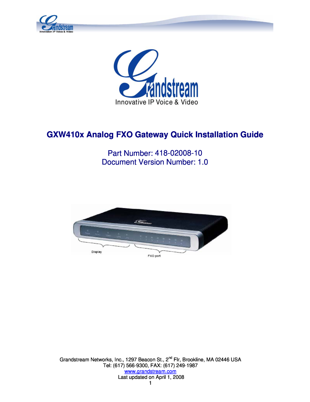 Grandstream Networks GXW410X manual GXW410x Analog FXO Gateway Quick Installation Guide 