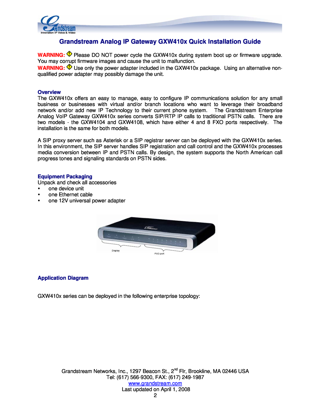 Grandstream Networks GXW410X Grandstream Analog IP Gateway GXW410x Quick Installation Guide, Overview, Equipment Packaging 