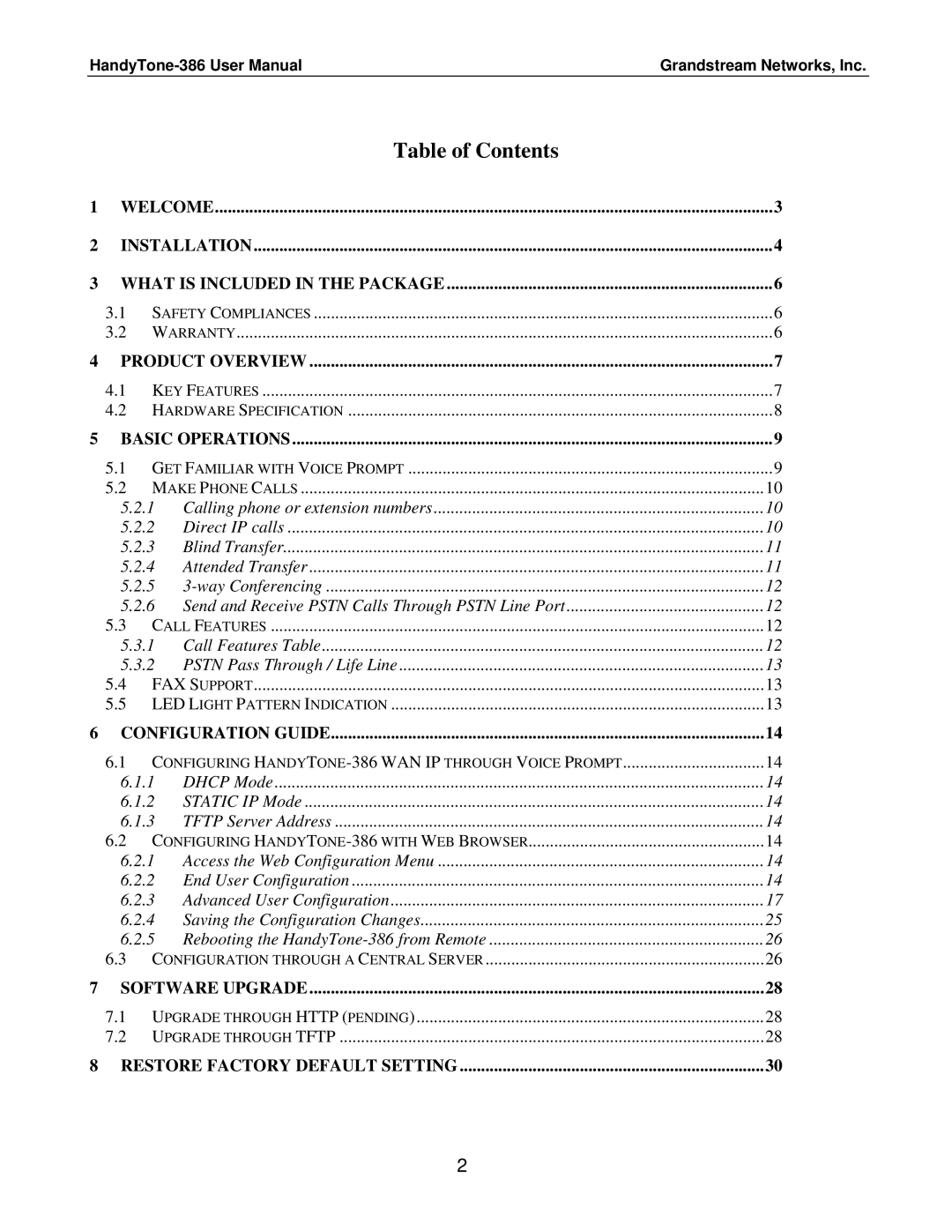 Grandstream Networks Handy Tone 386 user manual Table of Contents 