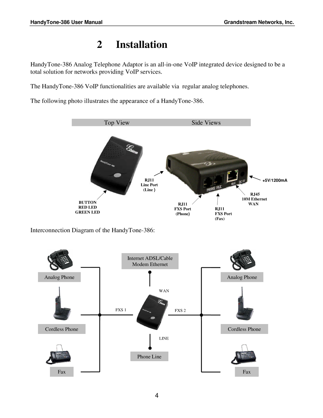 Grandstream Networks Handy Tone 386 user manual Installation, Interconnection Diagram of the HandyTone-386 