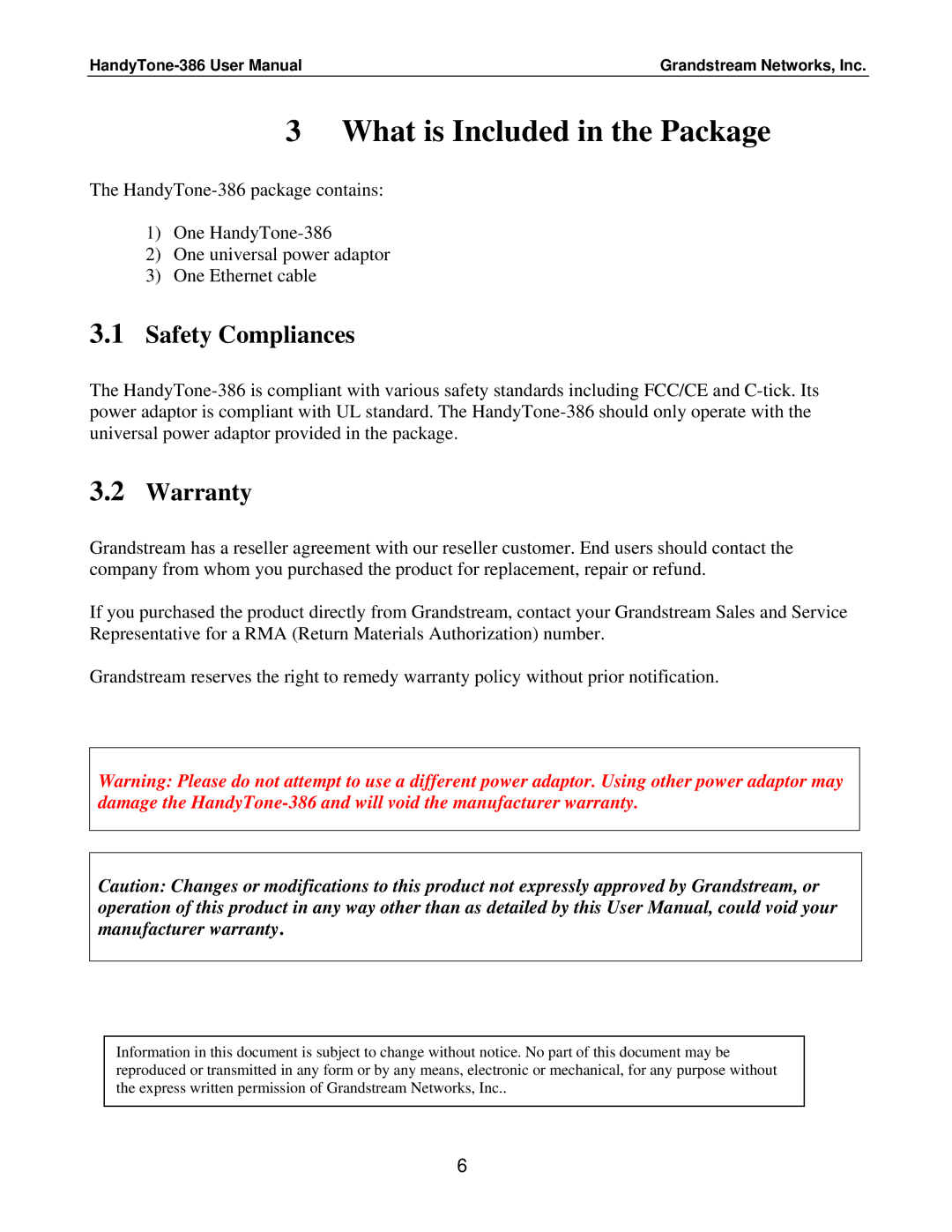 Grandstream Networks Handy Tone 386 user manual What is Included in the Package, Safety Compliances, Warranty 