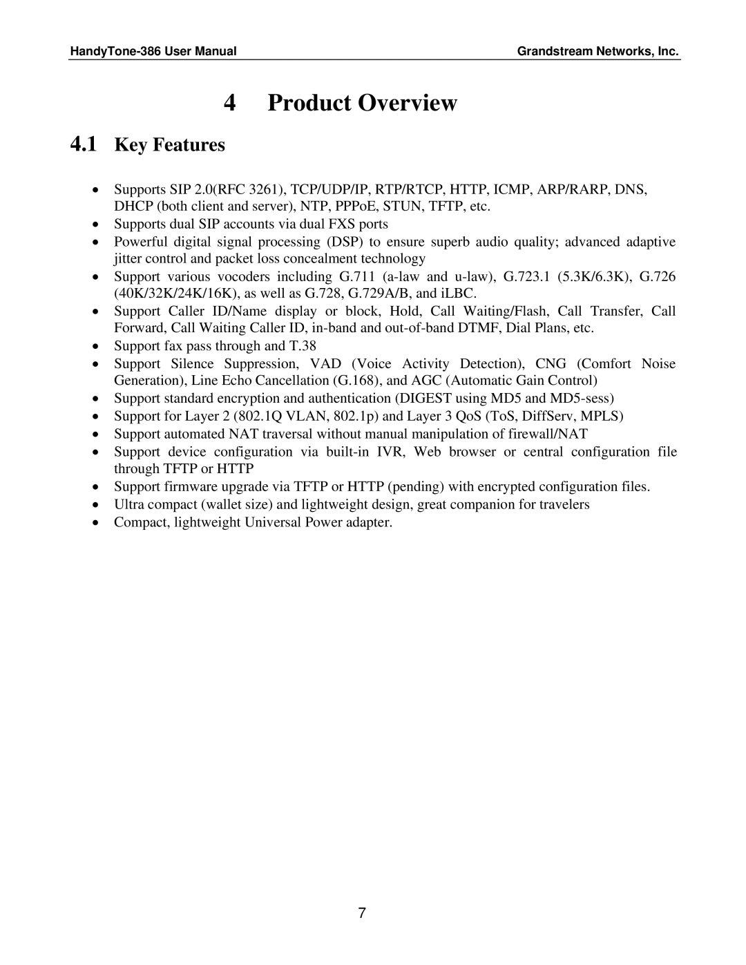 Grandstream Networks Handy Tone 386 user manual Product Overview, Key Features 