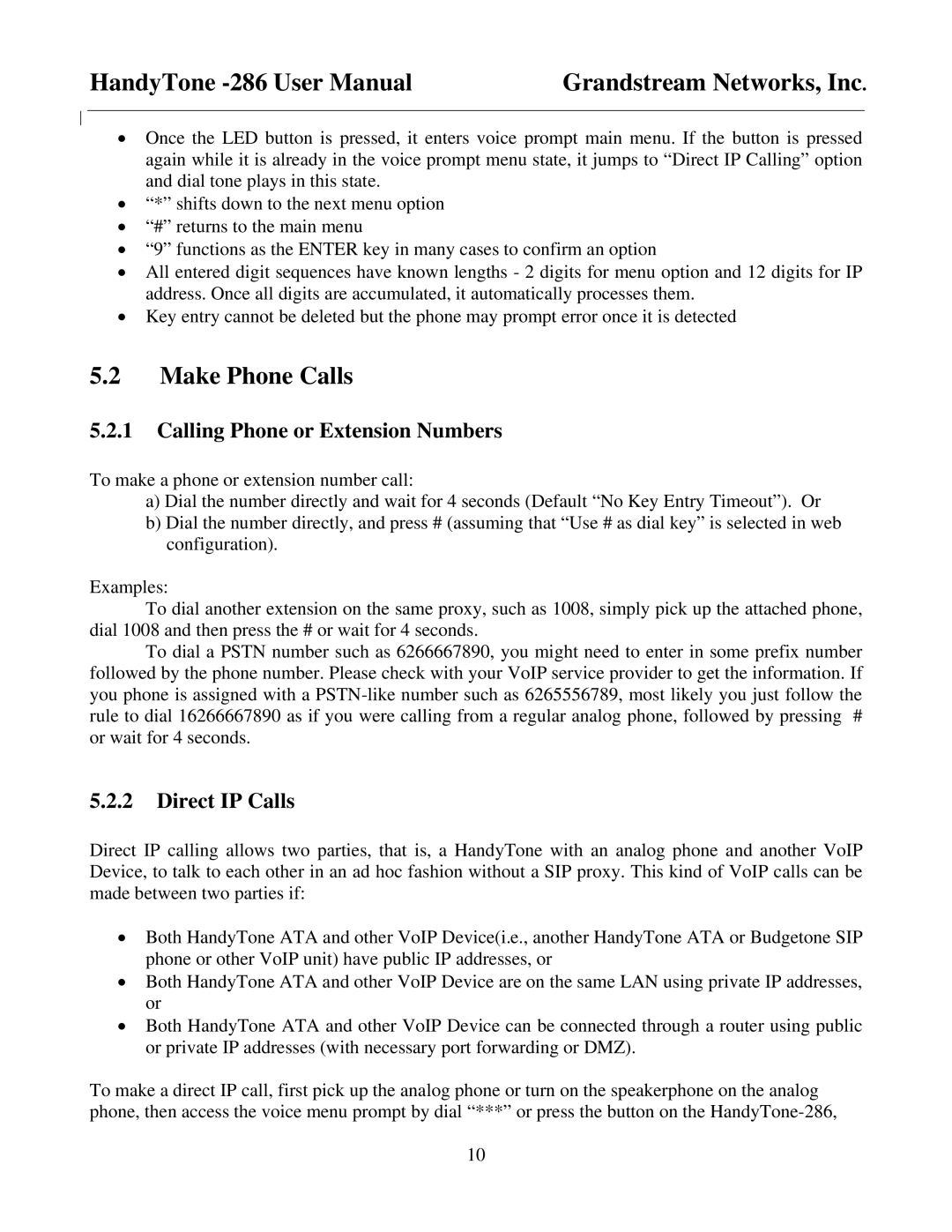 Grandstream Networks HandyTone-286 user manual Make Phone Calls, Calling Phone or Extension Numbers, Direct IP Calls 