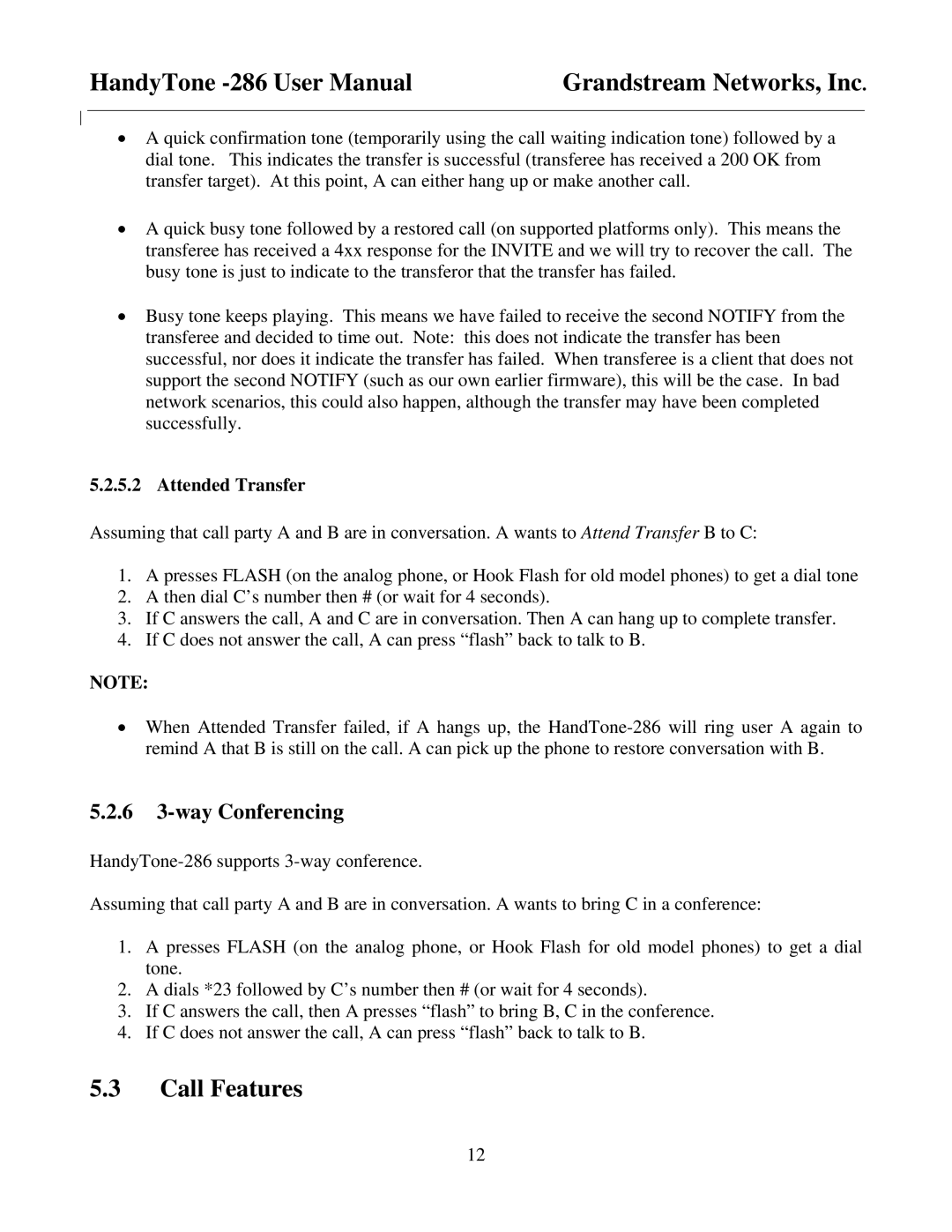 Grandstream Networks HandyTone-286 user manual Call Features, 6 3-way Conferencing, Attended Transfer 