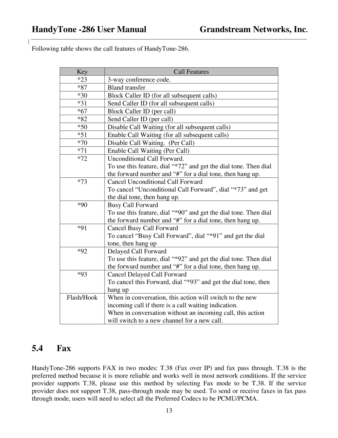 Grandstream Networks HandyTone-286 user manual Fax 