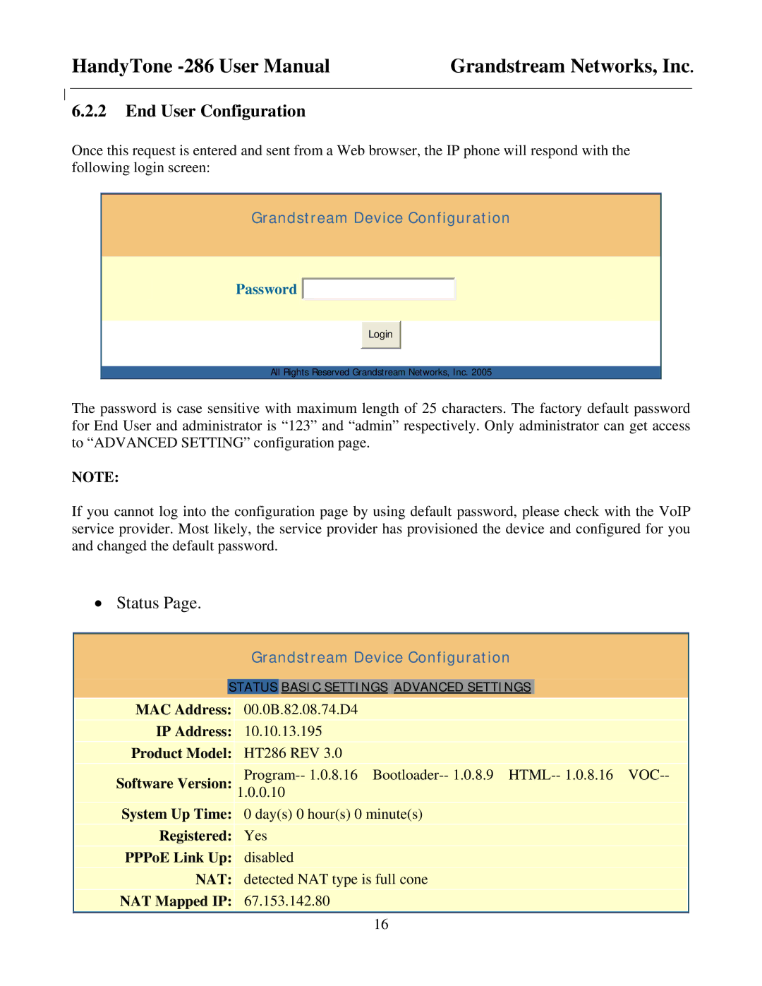 Grandstream Networks HandyTone-286 user manual End User Configuration, IP Address Product Model HT286 REV, Software Version 