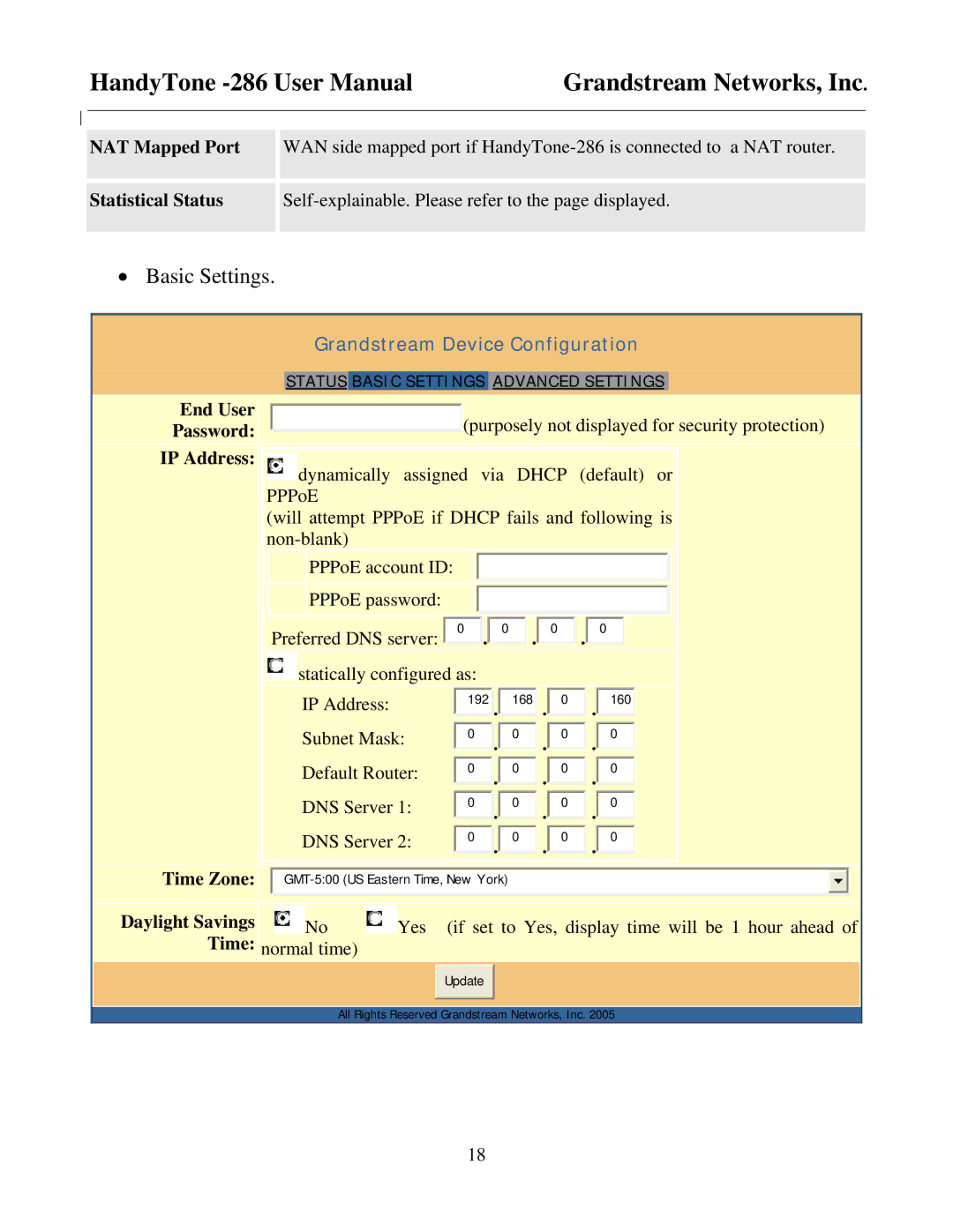 Grandstream Networks HandyTone-286 user manual NAT Mapped Port, Statistical Status, Time Zone, Daylight Savings 