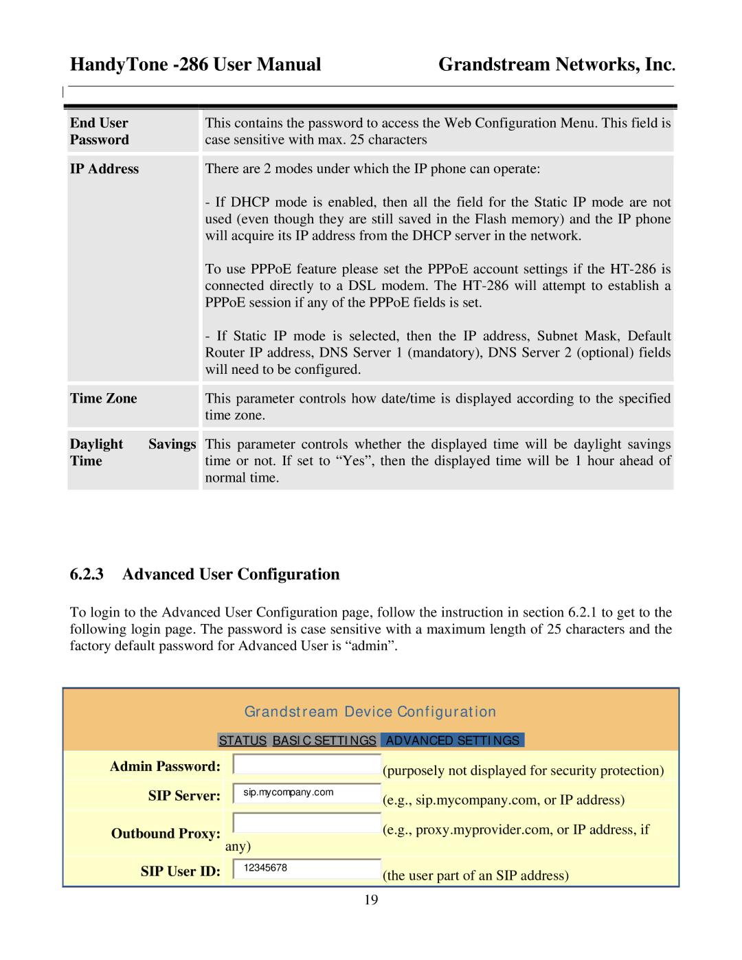 Grandstream Networks HandyTone-286 Advanced User Configuration, End User Password IP Address Time Zone Daylight Savings 