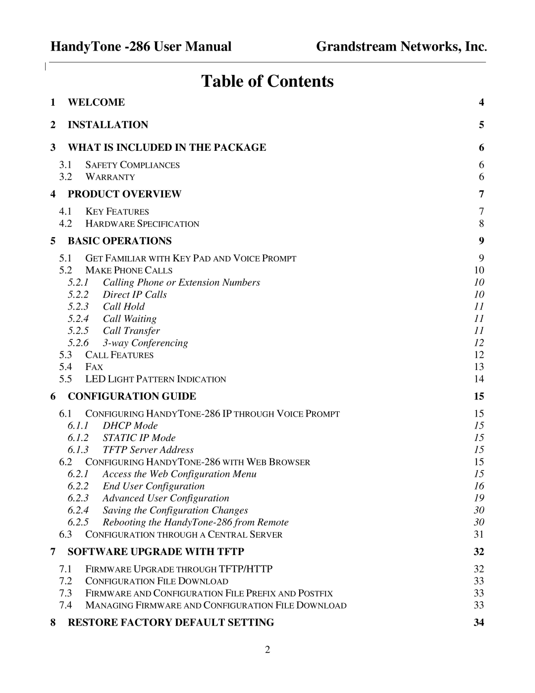 Grandstream Networks HandyTone-286 user manual Table of Contents 