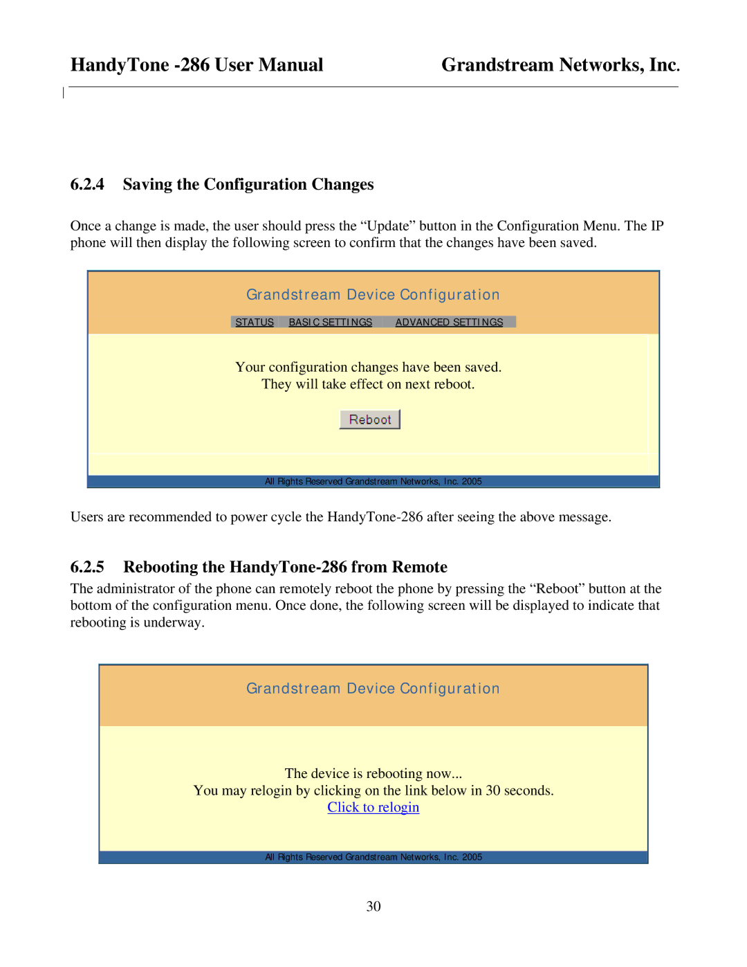 Grandstream Networks user manual Saving the Configuration Changes, Rebooting the HandyTone-286 from Remote 