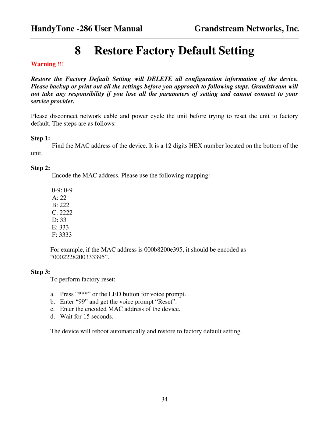 Grandstream Networks HandyTone-286 user manual Restore Factory Default Setting, Step 