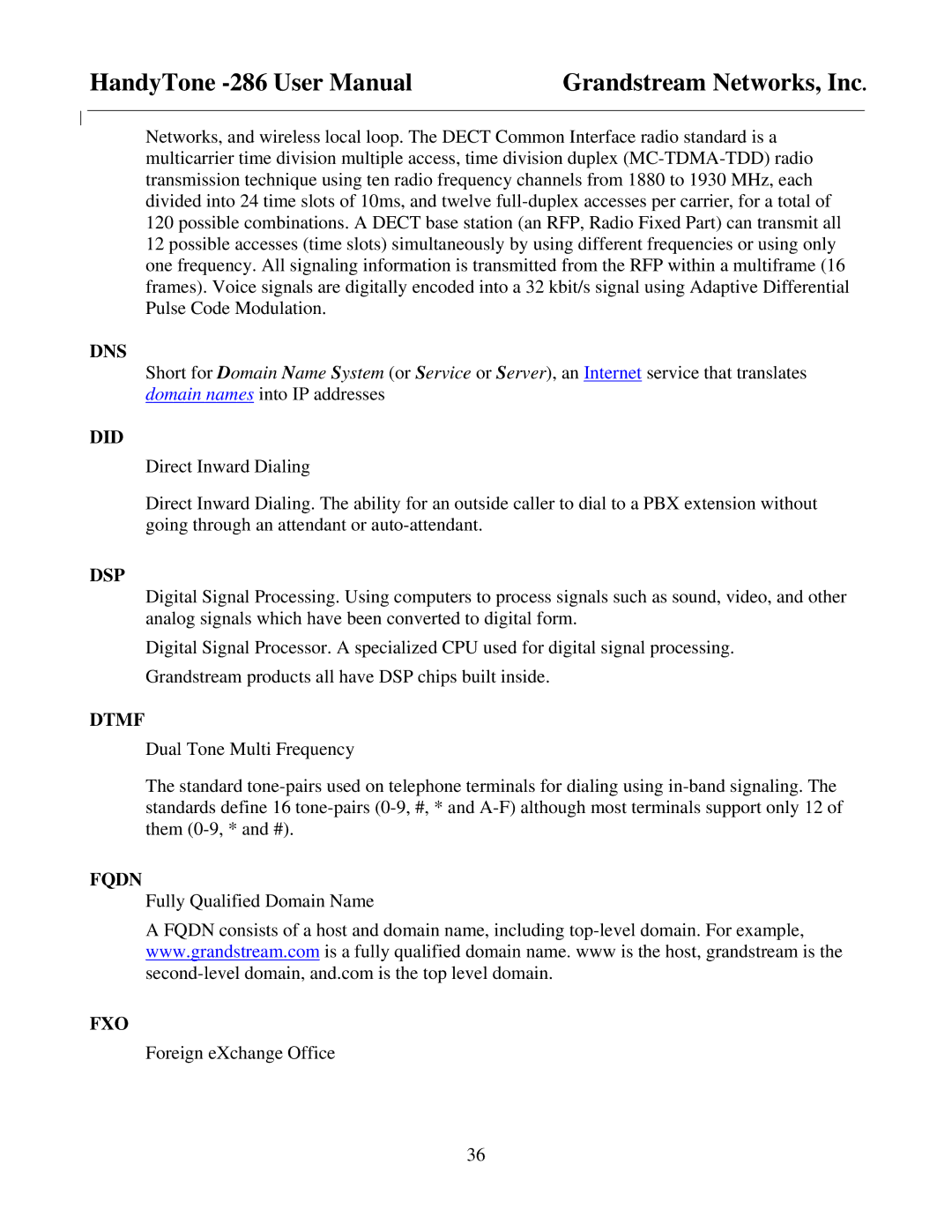 Grandstream Networks HandyTone-286 user manual Dns, Did, Dsp, Dtmf, Fqdn, Fxo 