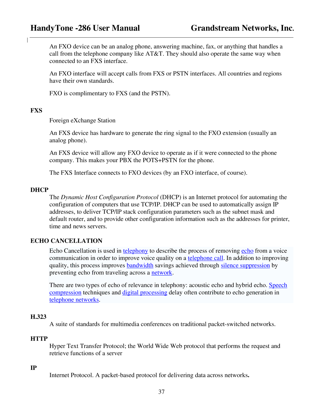 Grandstream Networks HandyTone-286 user manual Fxs, Dhcp, Echo Cancellation, 323, Http 